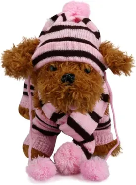 1 Set Pet Winter Set Include Leg Warmers Knitted Striped Hat Soft Leggings Scarf Hat for Pet Cat Dog Puppy Winter Costume, XXS (Pink Brown)