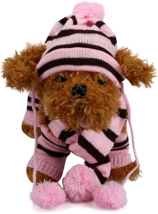 1 Set Pet Winter Set Include Leg Warmers Knitted Striped Hat Soft Leggings Scarf Hat for Pet Cat Dog Puppy Winter Costume, XXS (Pink Brown)