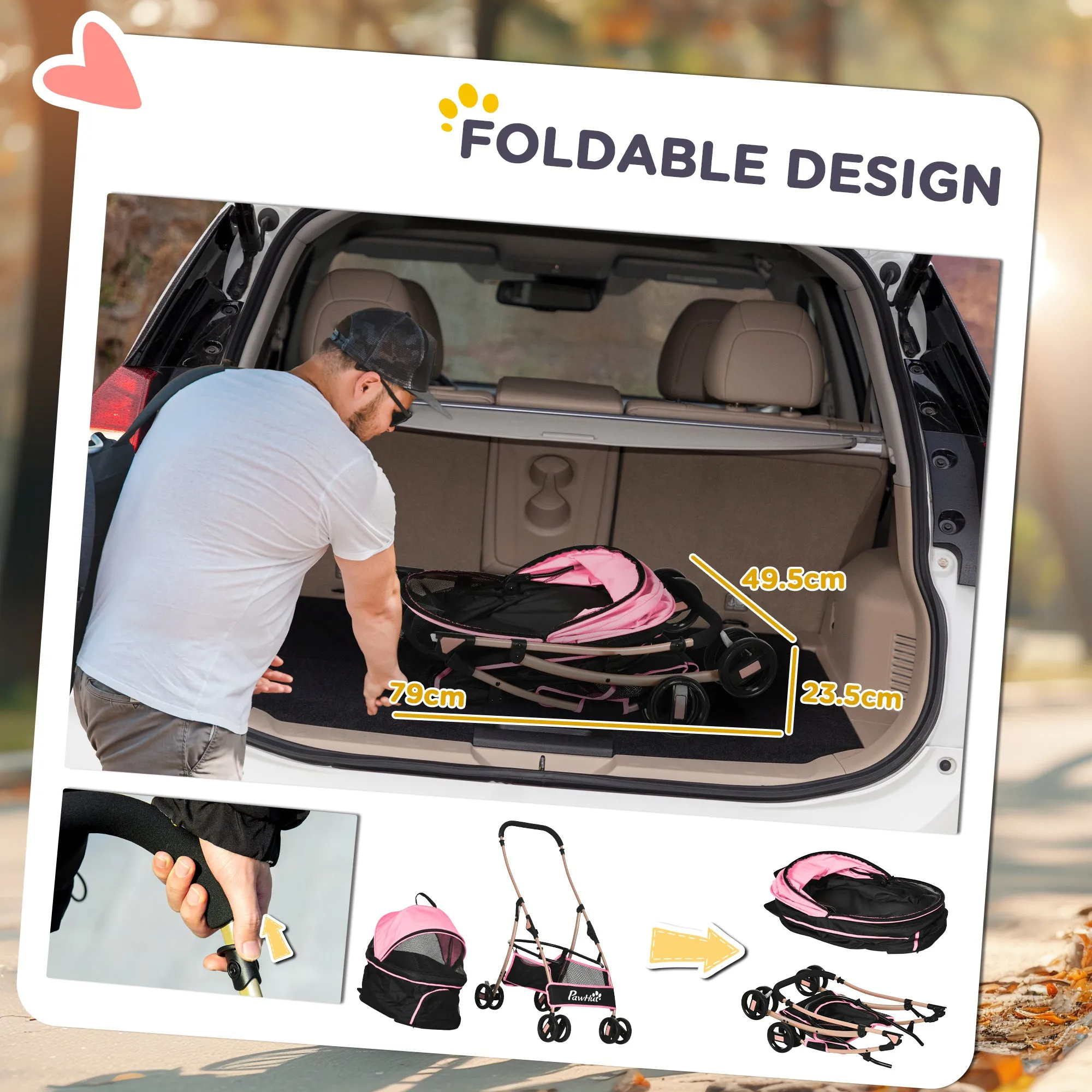 3 In 1 Detachable Pet Stroller, for Extra Small and Small Dogs - Pink