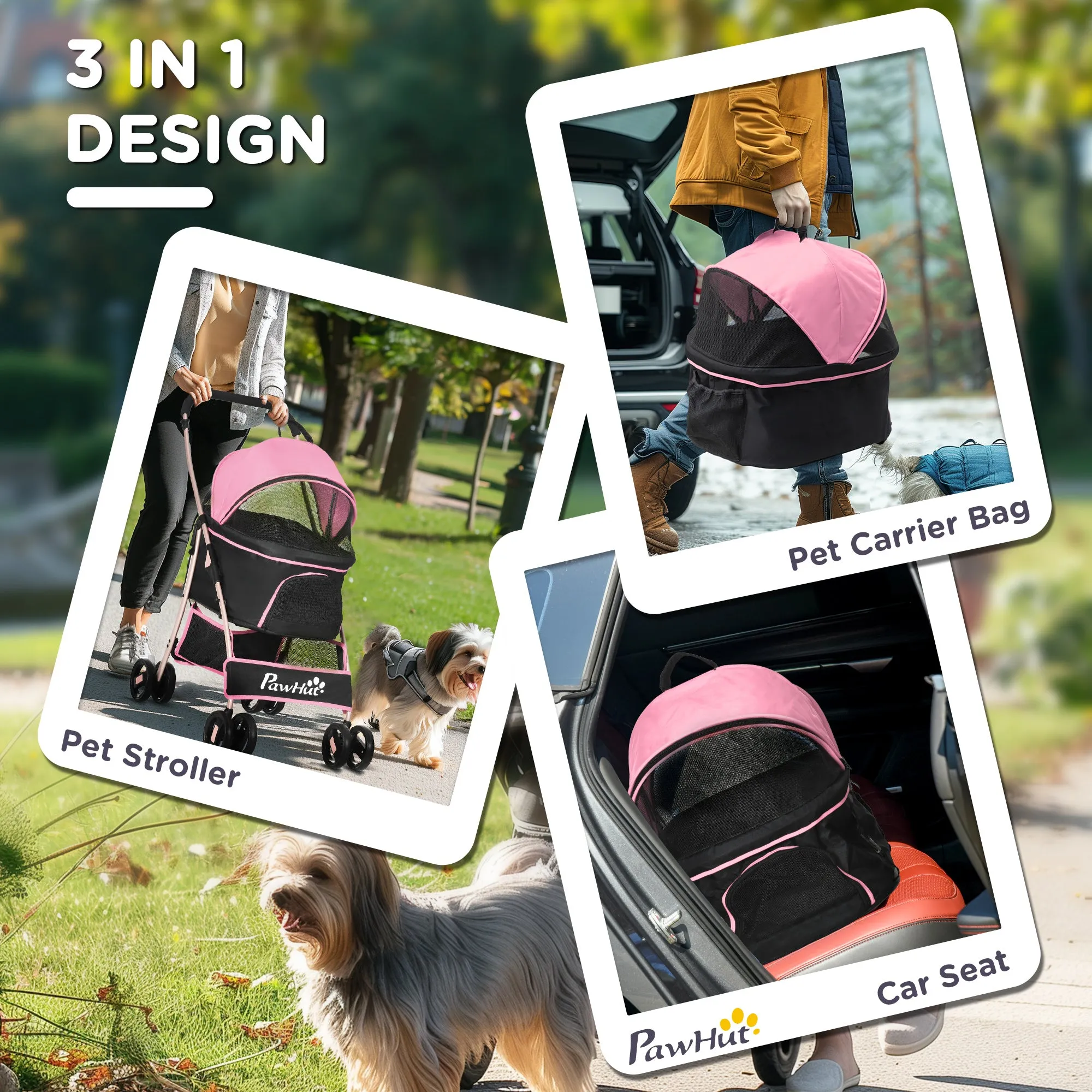 3 In 1 Detachable Pet Stroller, for Extra Small and Small Dogs - Pink