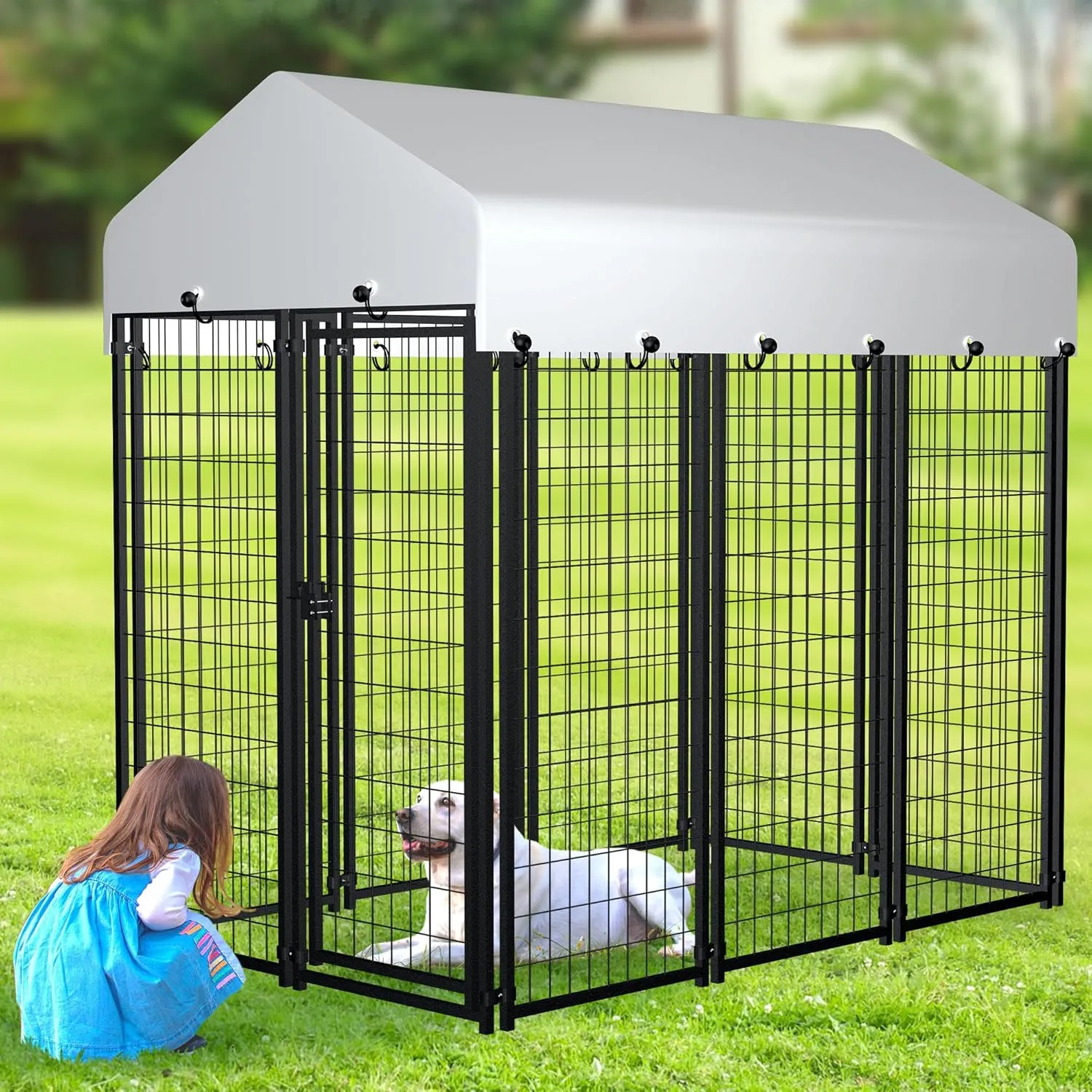 6'x4'x6' Large Outside Dog Kennel,Indoor Outdoor Dog Run Animal Enclosure Dog Pen House with Roof Cover Heavy Duty Welded Wire Steel Dog Playpen Fence Without Feeding Door