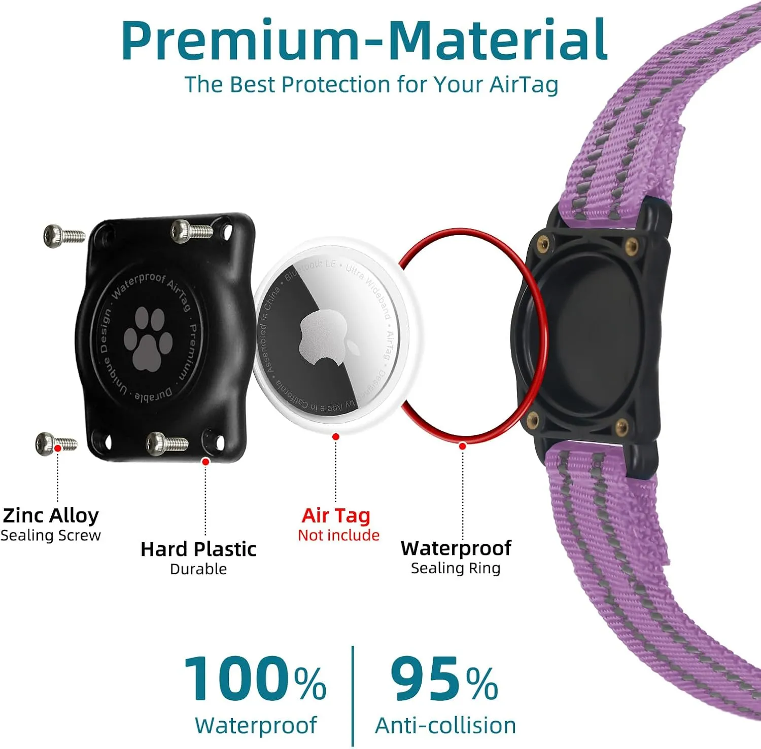 Airtag Dog Collar, 100% Waterproof Integrated Apple Air Tag Dog Collars, Reflective GPS Dog Collar with Hard PC AirTag Holder Case for Small Medium Large Dog (Purple)