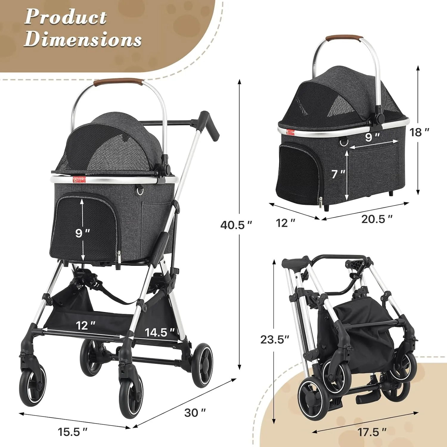 Athena collection Dog Stroller for Small/Medium Dogs,Foldable Pet Stroller with Detachable Carrier,Lightweight Cat Stroller up to 33lbs(Dark Gray)