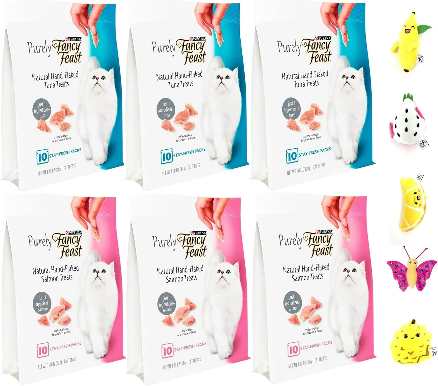 Aurora Pet Variety Pack (6) FF Purely Natural Cat Treats (3) Salmon (3) Tuna with AuroraPet Catnip Toy (Assorted)