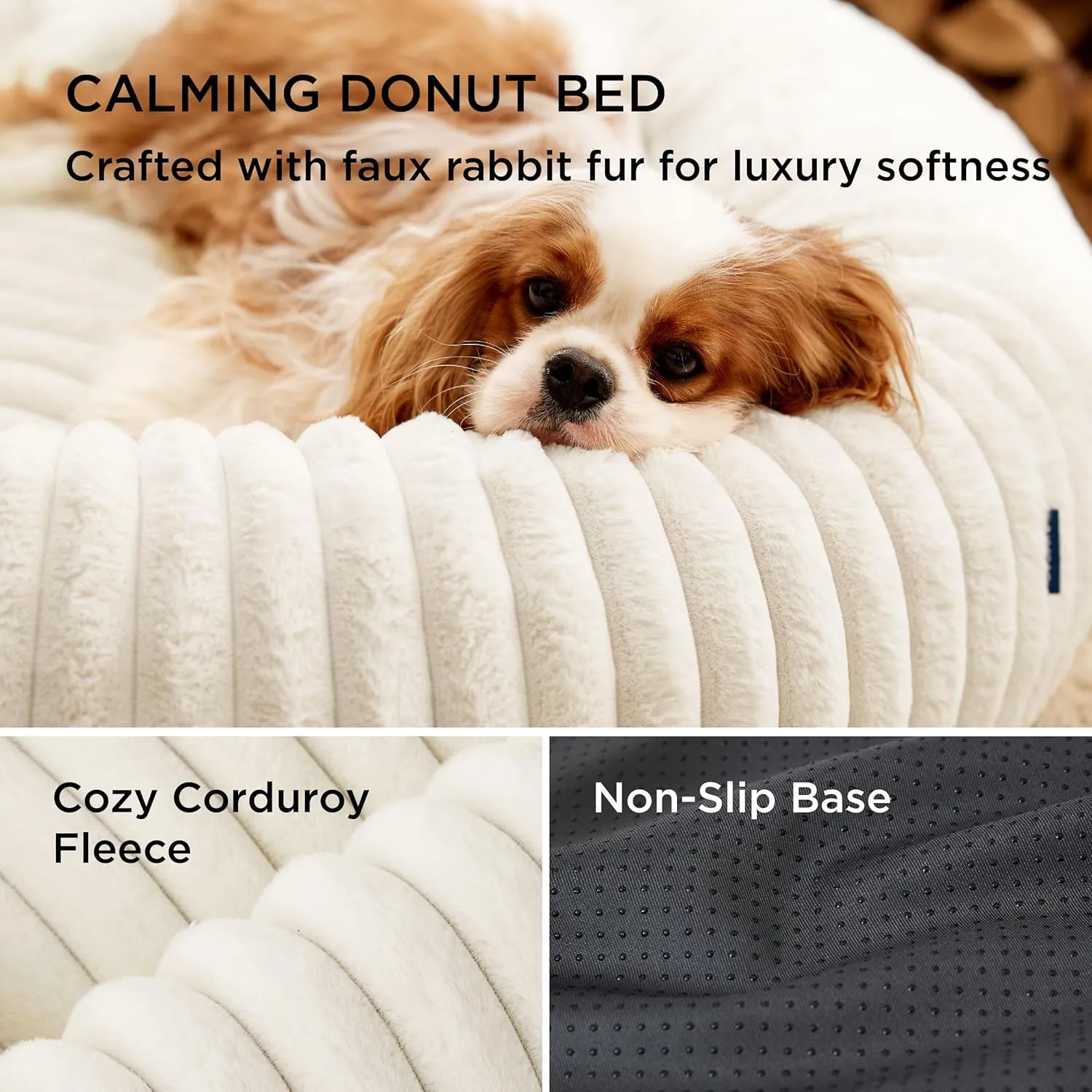 Bedsure Donut Medium Dog Bed - Washable Faux Fur with Corduroy Fleece & Anti Slip Bottom, Round Pet Bed with Removable Cover, Cream, 30x30x8 inches