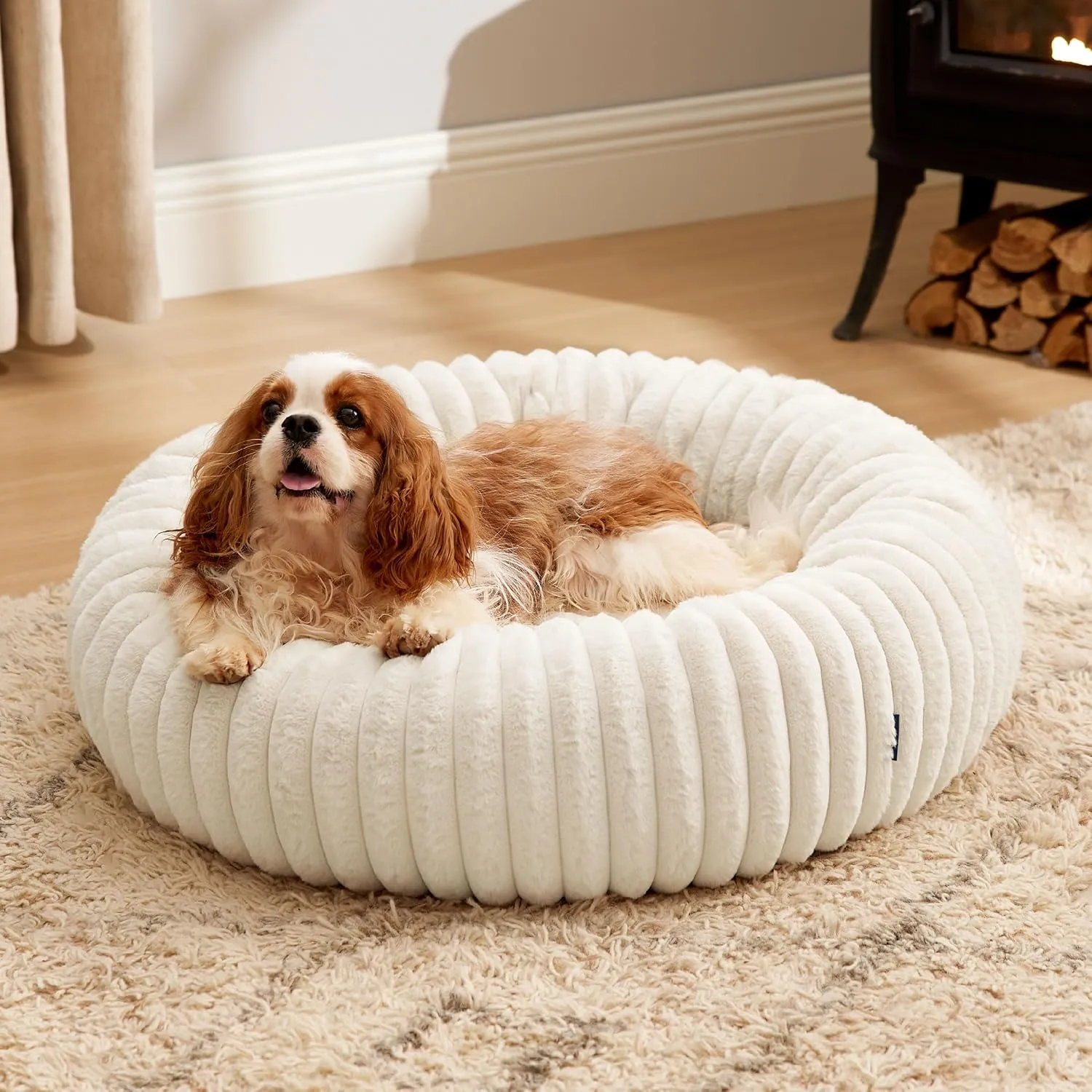 Bedsure Donut Medium Dog Bed - Washable Faux Fur with Corduroy Fleece & Anti Slip Bottom, Round Pet Bed with Removable Cover, Cream, 30x30x8 inches