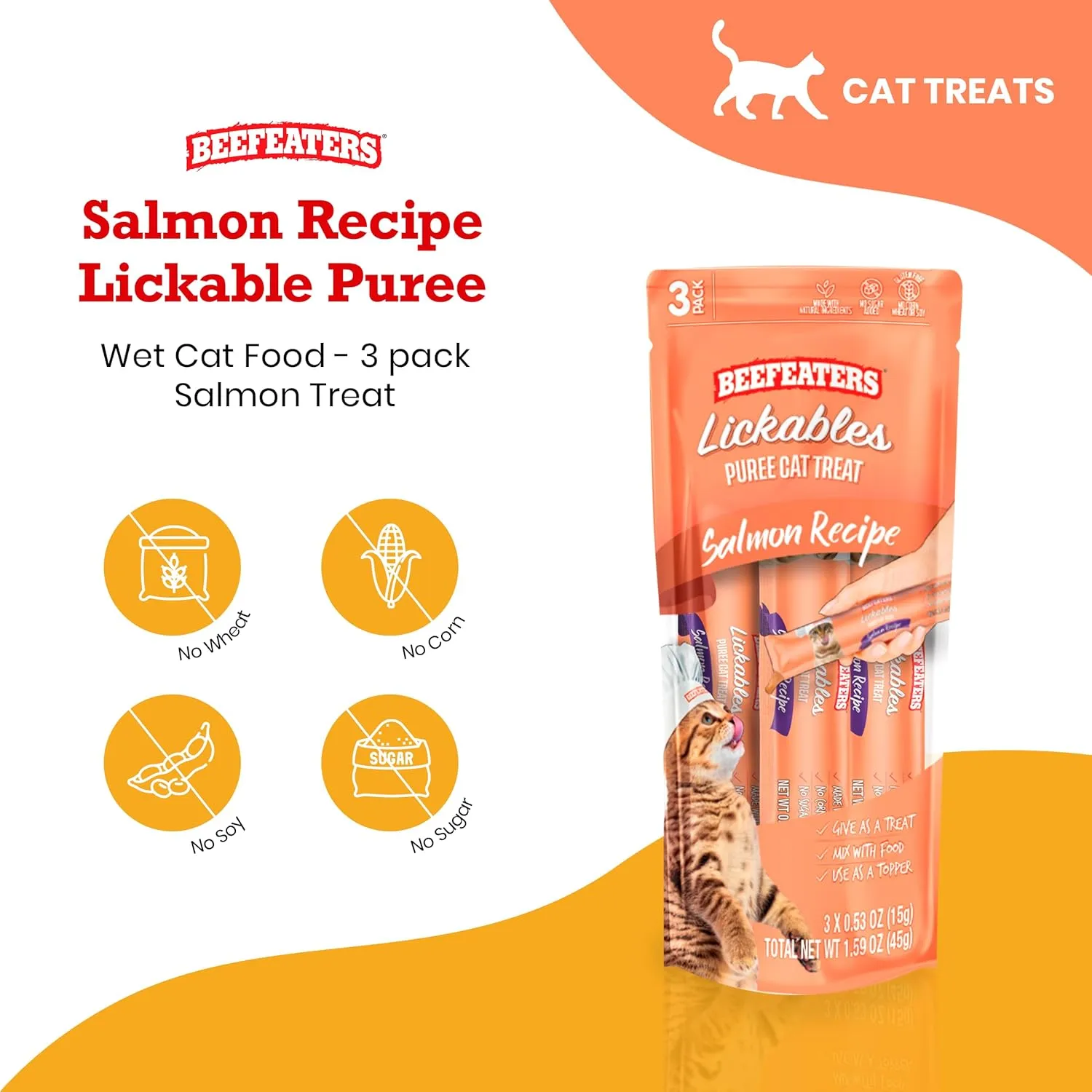Beefeaters Cat Treats Salmon Recipe Lickable Puree 1.59oz (12-Pack)  Salmon, Grain-Free, Taurine-Enriched, Ideal for Training & Interactive Feeding
