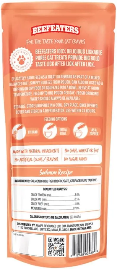 Beefeaters Cat Treats Salmon Recipe Lickable Puree 1.59oz (12-Pack)  Salmon, Grain-Free, Taurine-Enriched, Ideal for Training & Interactive Feeding
