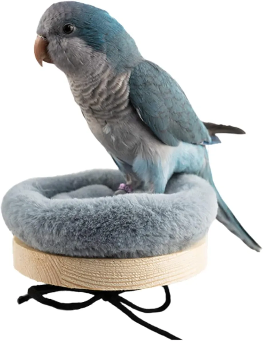 Bird Perch Stand Platform with Warm Cotton Cushion, Wood Parrot Perch for Pet Parrot, Budgies, Parakeet, Cockatiels, Conure, Lovebirds, Rat, Mouse Cage (Small, Grey)