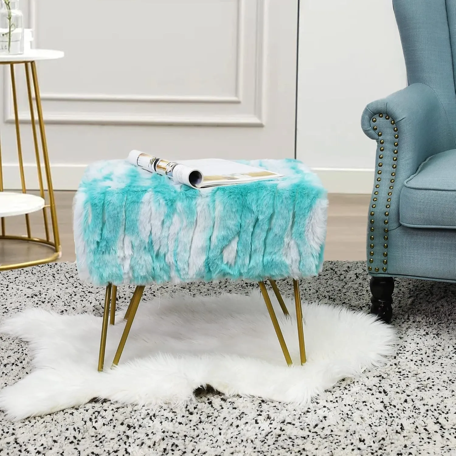 Blue Soft Faux Fur Ottoman Fuzzy Entryway Bench Seat, 19"x12.5"x17" Sturdy Accent Coffee Table for Living Room Make Up Vanity Fluffy Shoe Stool with Golden Legs for Bedroom Closet Foot Rest