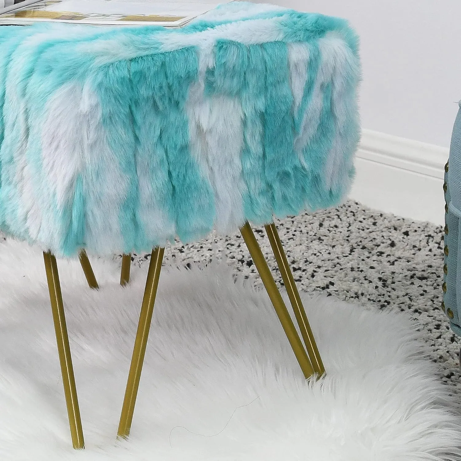 Blue Soft Faux Fur Ottoman Fuzzy Entryway Bench Seat, 19"x12.5"x17" Sturdy Accent Coffee Table for Living Room Make Up Vanity Fluffy Shoe Stool with Golden Legs for Bedroom Closet Foot Rest