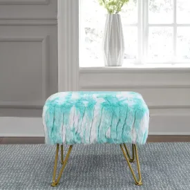 Blue Soft Faux Fur Ottoman Fuzzy Entryway Bench Seat, 19"x12.5"x17" Sturdy Accent Coffee Table for Living Room Make Up Vanity Fluffy Shoe Stool with Golden Legs for Bedroom Closet Foot Rest