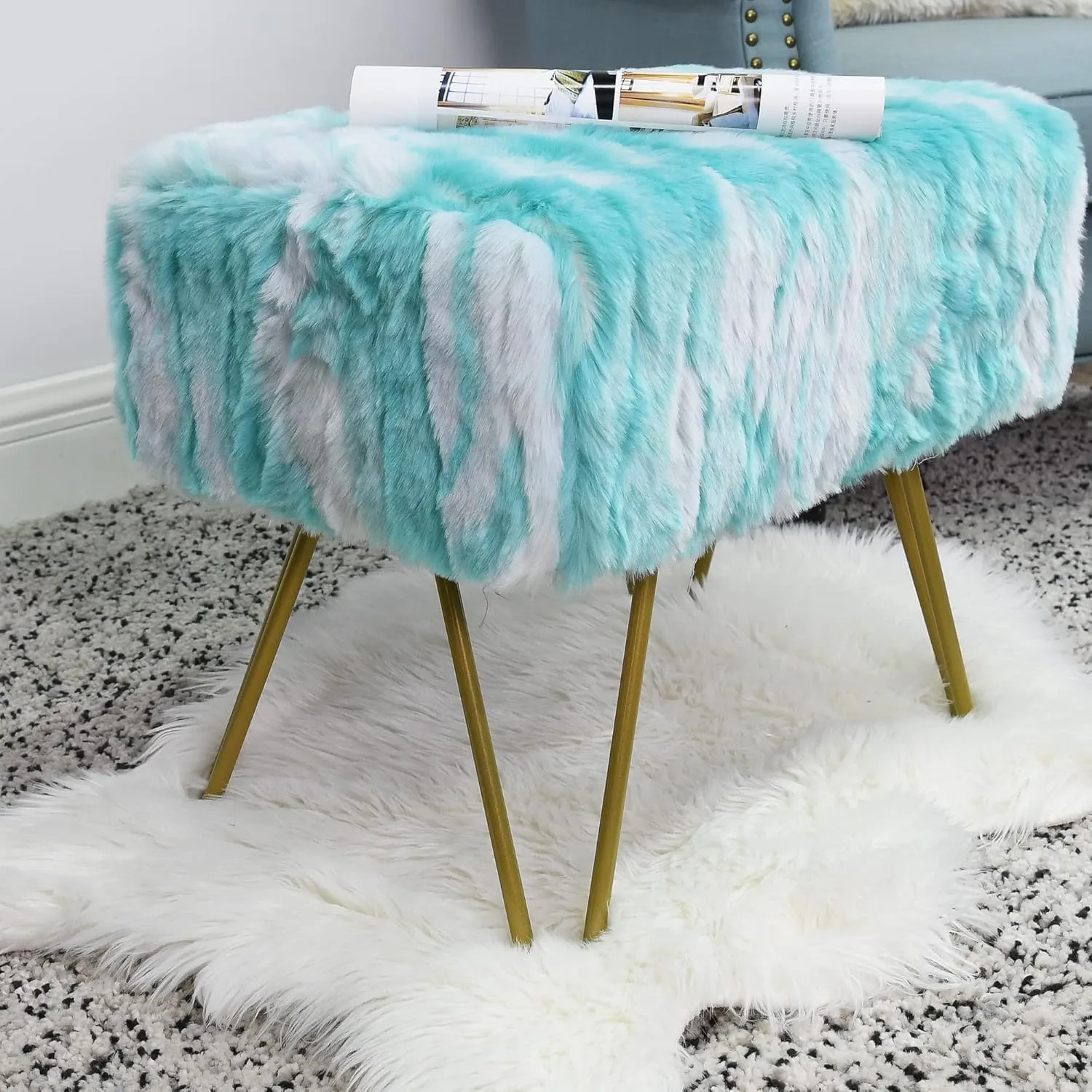 Blue Soft Faux Fur Ottoman Fuzzy Entryway Bench Seat, 19"x12.5"x17" Sturdy Accent Coffee Table for Living Room Make Up Vanity Fluffy Shoe Stool with Golden Legs for Bedroom Closet Foot Rest