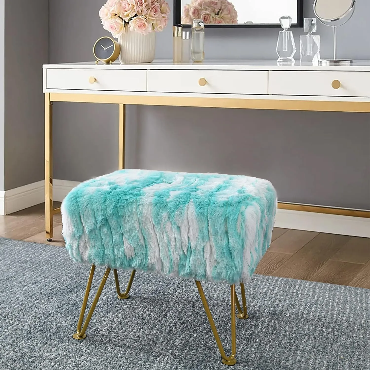 Blue Soft Faux Fur Ottoman Fuzzy Entryway Bench Seat, 19"x12.5"x17" Sturdy Accent Coffee Table for Living Room Make Up Vanity Fluffy Shoe Stool with Golden Legs for Bedroom Closet Foot Rest