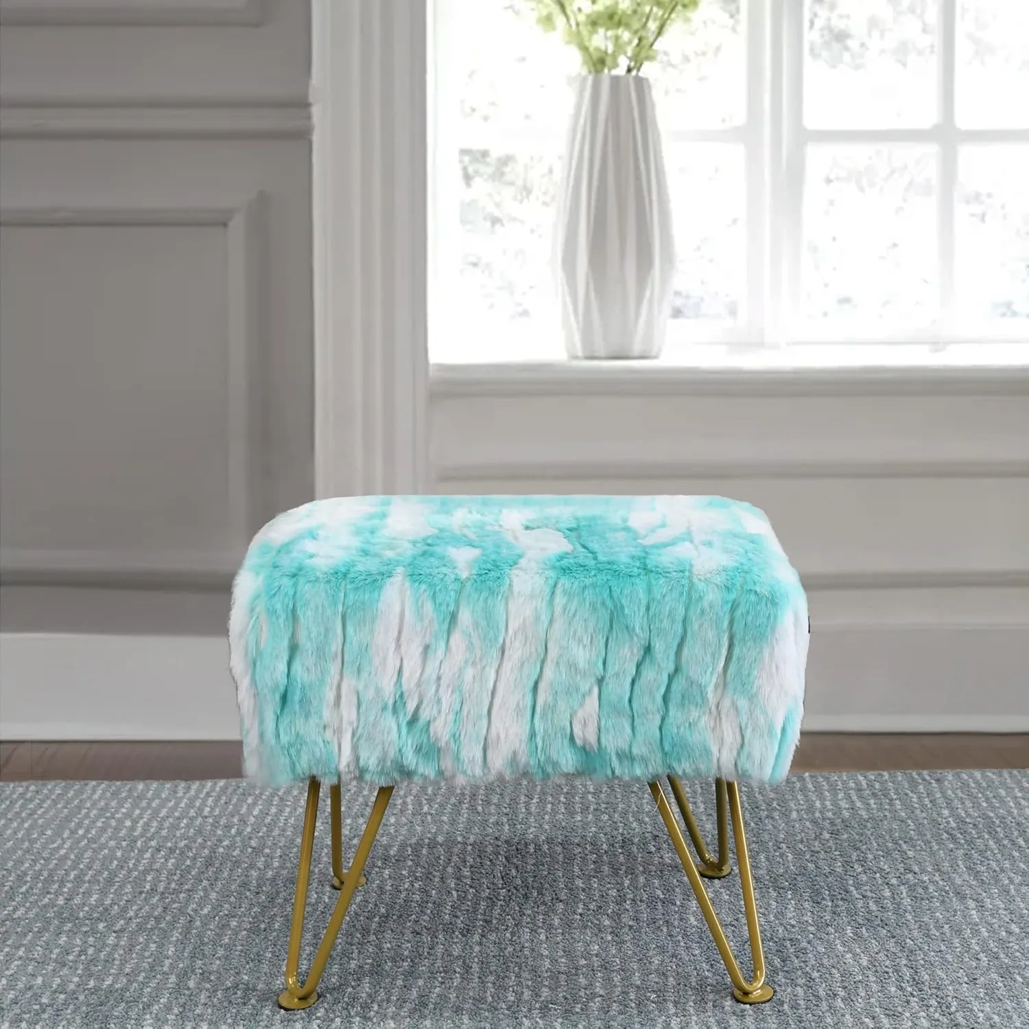 Blue Soft Faux Fur Ottoman Fuzzy Entryway Bench Seat, 19"x12.5"x17" Sturdy Accent Coffee Table for Living Room Make Up Vanity Fluffy Shoe Stool with Golden Legs for Bedroom Closet Foot Rest
