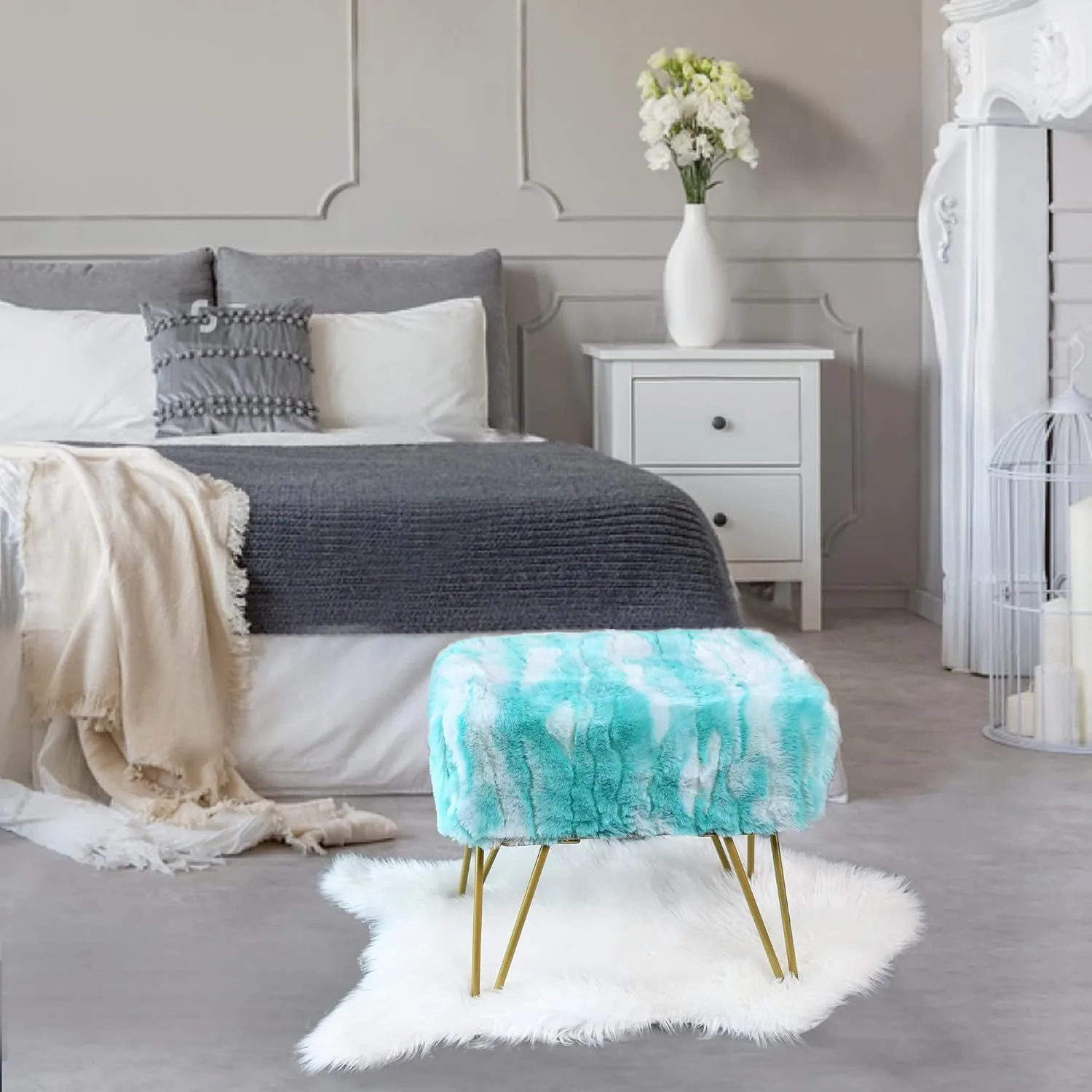 Blue Soft Faux Fur Ottoman Fuzzy Entryway Bench Seat, 19"x12.5"x17" Sturdy Accent Coffee Table for Living Room Make Up Vanity Fluffy Shoe Stool with Golden Legs for Bedroom Closet Foot Rest