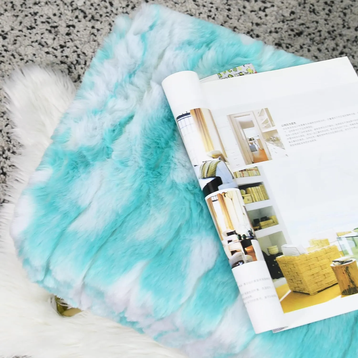 Blue Soft Faux Fur Ottoman Fuzzy Entryway Bench Seat, 19"x12.5"x17" Sturdy Accent Coffee Table for Living Room Make Up Vanity Fluffy Shoe Stool with Golden Legs for Bedroom Closet Foot Rest
