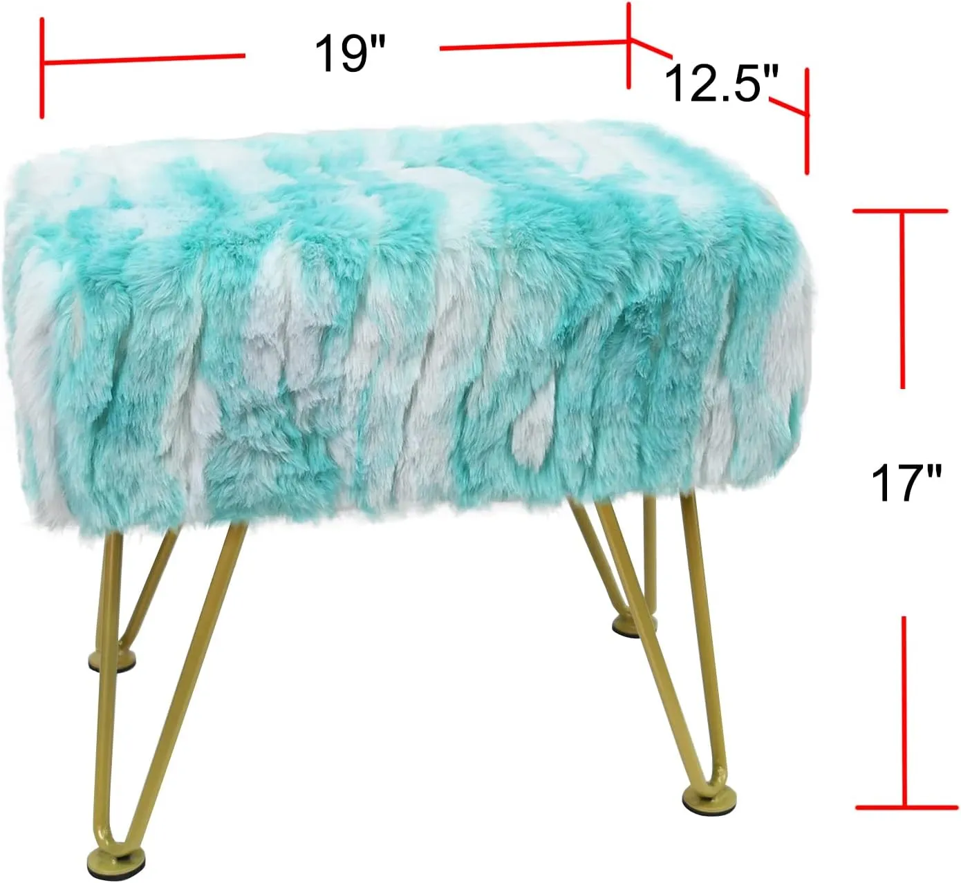 Blue Soft Faux Fur Ottoman Fuzzy Entryway Bench Seat, 19"x12.5"x17" Sturdy Accent Coffee Table for Living Room Make Up Vanity Fluffy Shoe Stool with Golden Legs for Bedroom Closet Foot Rest