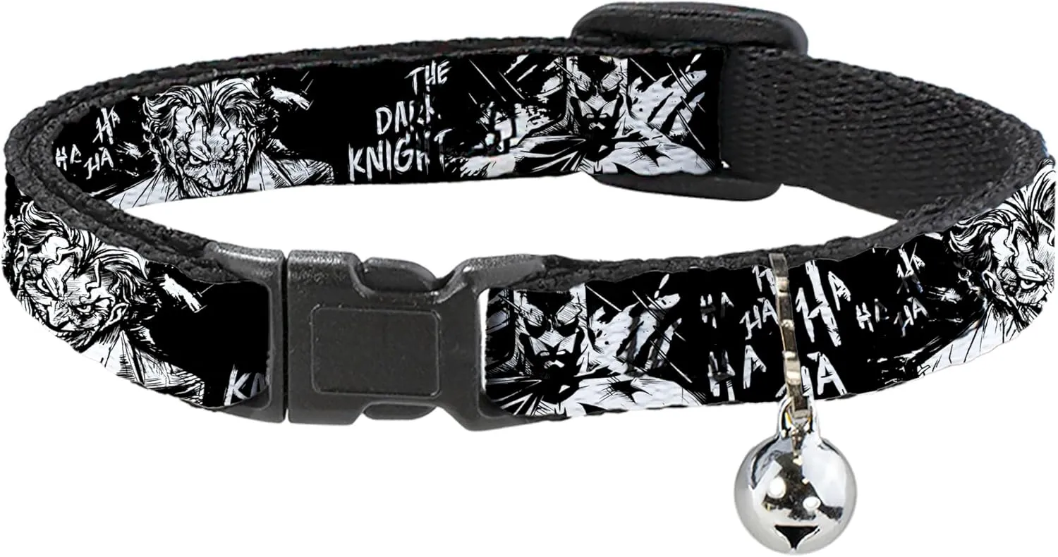 Buckle Down Dark Knight & Joker Smile, Breakaway Cat Collar with Bell, Plastic Clip, Easy Adjustable,8.5 to 12"-0.5" Wide