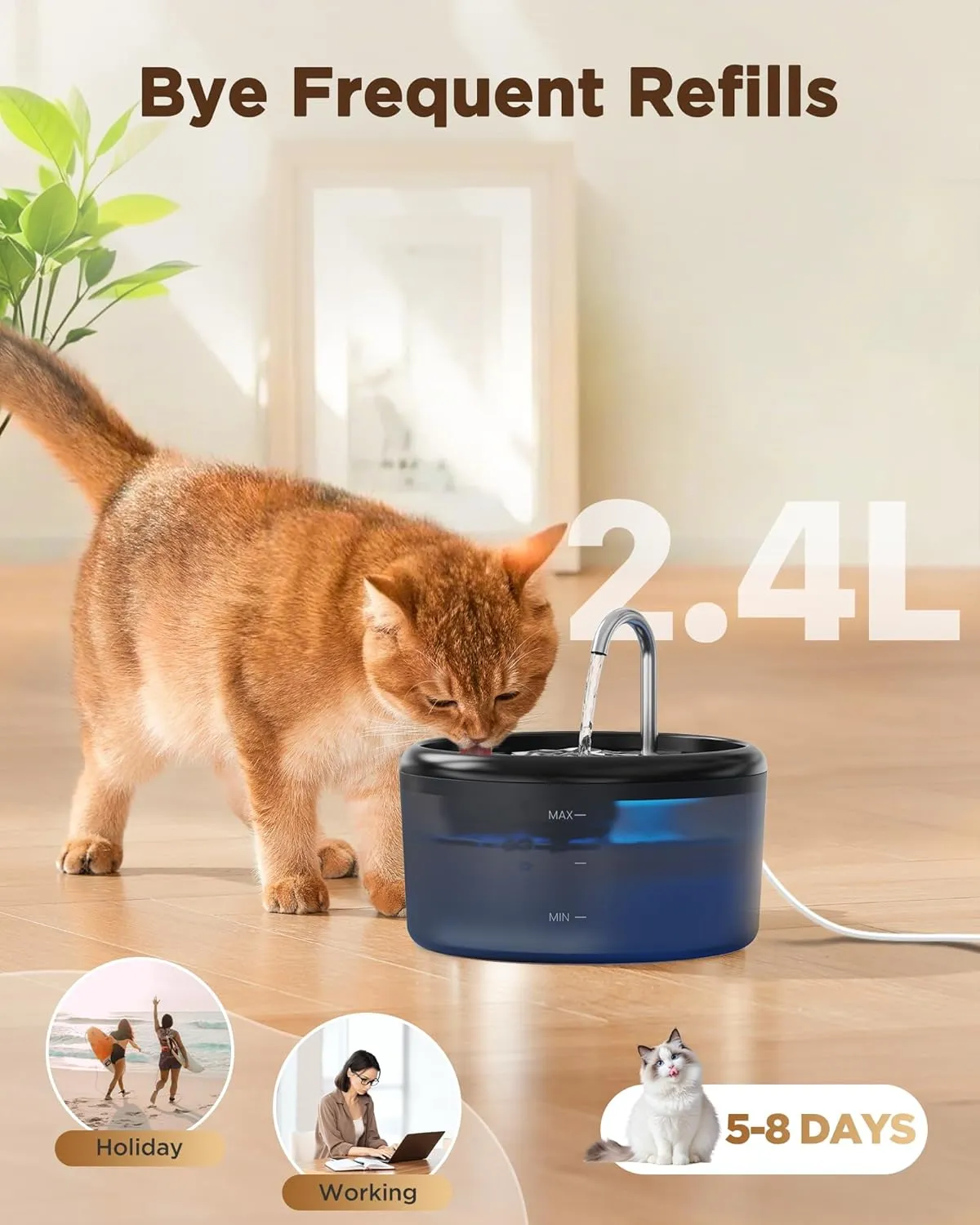 Cat Water Fountain for Cats Inside: Pet Water Fountain - Auto Cat Drinking Fountain - Faucet Pet Water Dispenser with LED Light - Silent Water Bowls for Small Animal - 80oz/2.4L Waterer with 9 filters