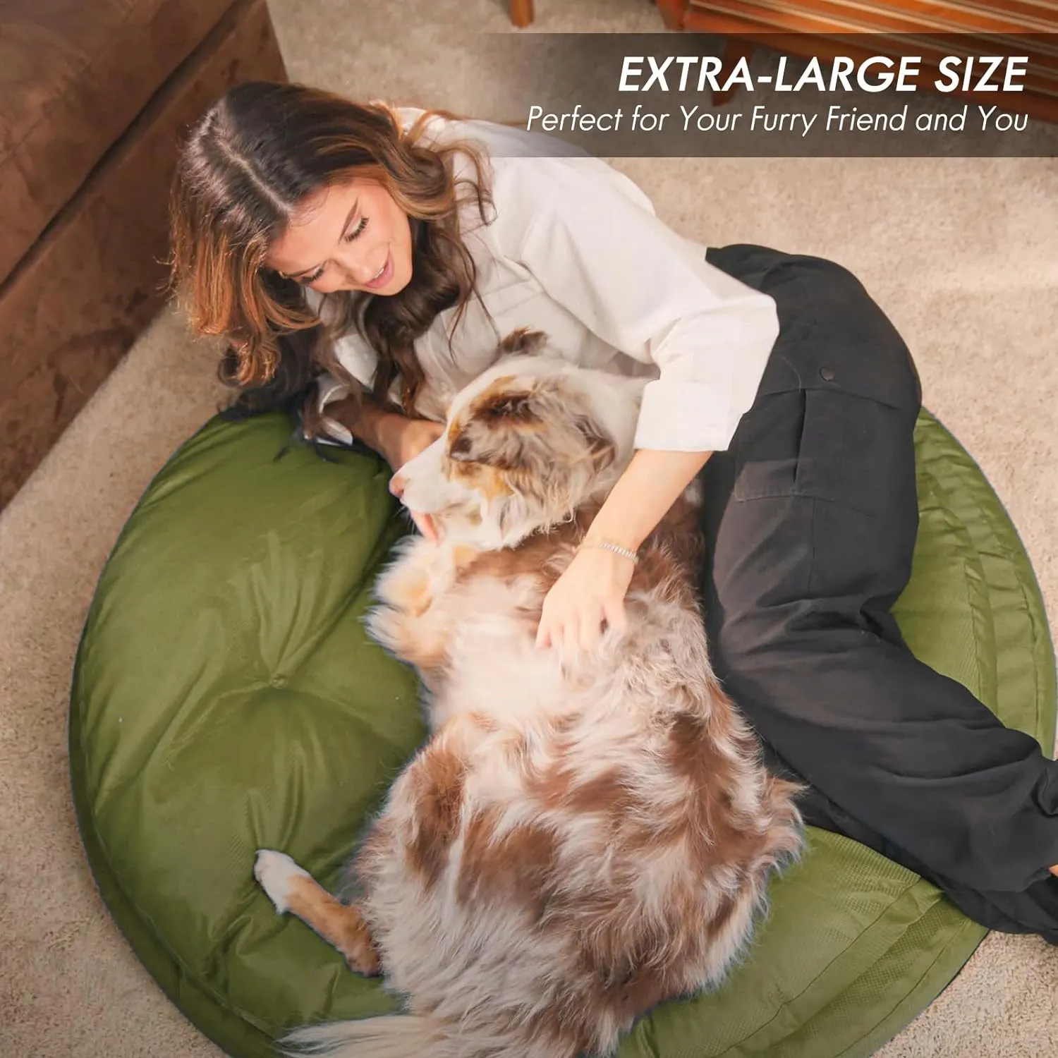 ClevaHome Orthopedic Dog Bed for Large Dogs, Dual Layer Water Repellent Round Pet Bed with Washable Cover Nonslip Bottom (Olive Branch)