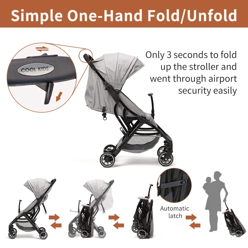 COOL KIDS Portable Stroller with Automatic FoldLightweight Umbrella Stroller with Pop Out Sun Canopy for Travel(Gray)