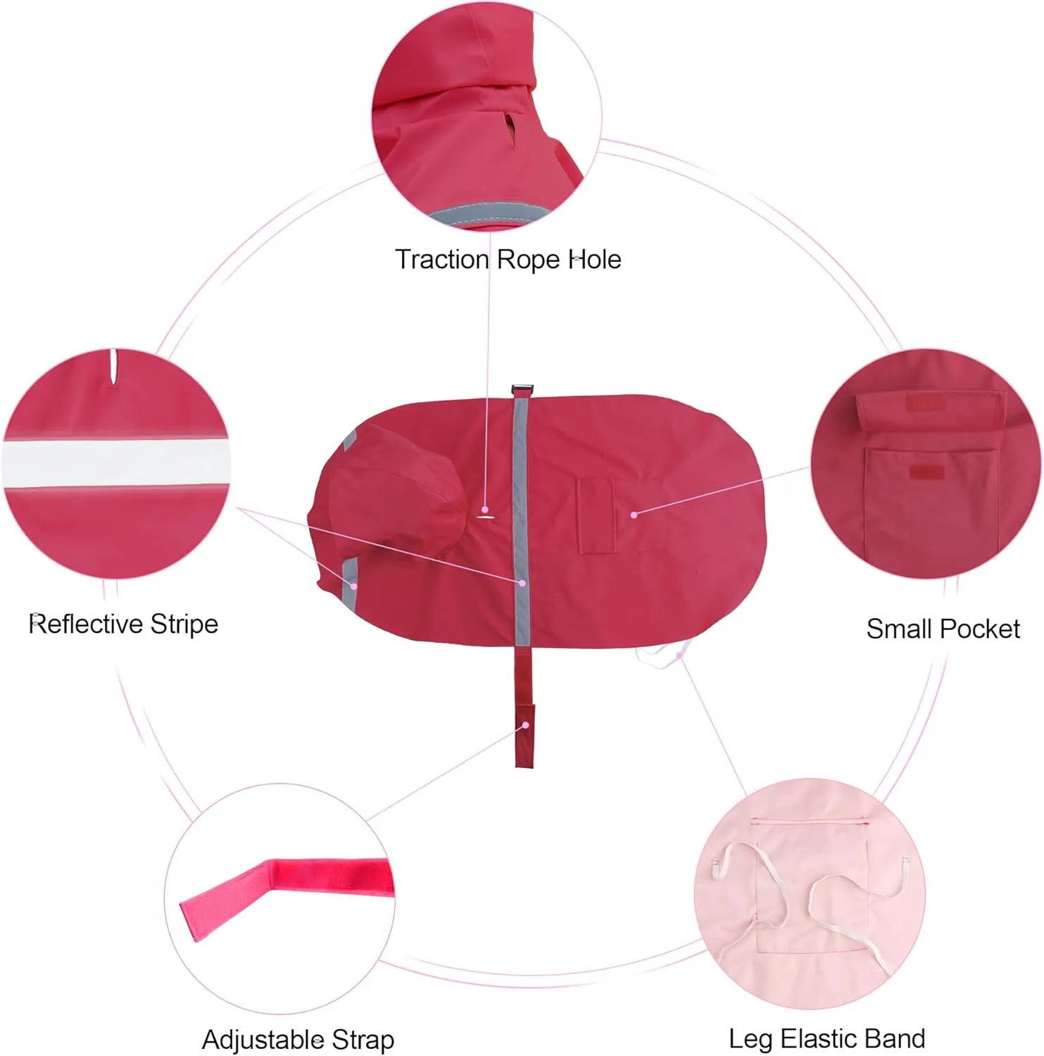 DELIFUR Large Dog Raincoat - Waterproof Dog Rain Poncho Adjustable Double Layer Rain Jacket with Hood for Medium Large Dogs Designed with Leash Hole Reflective Strip (Red,Medium)