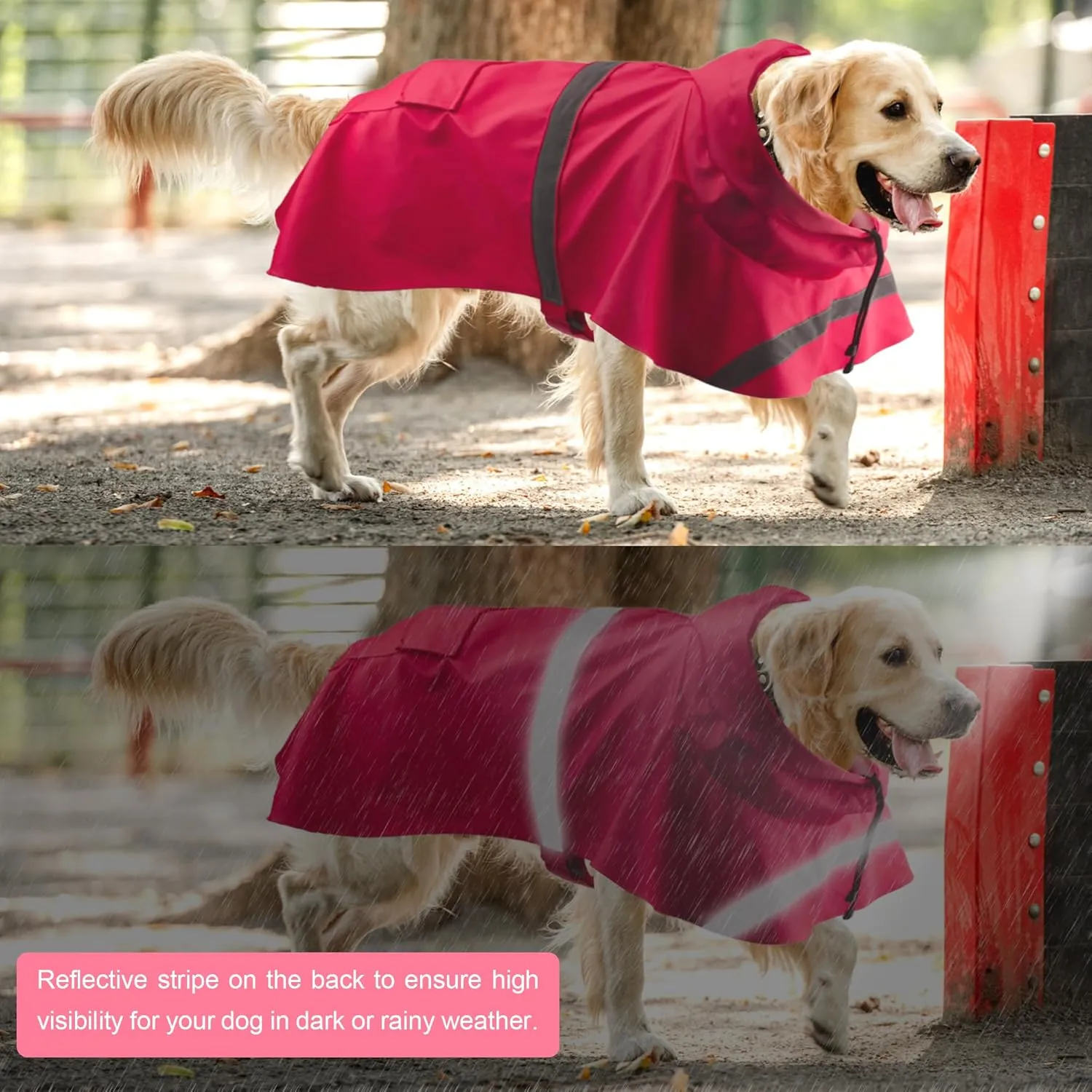 DELIFUR Large Dog Raincoat - Waterproof Dog Rain Poncho Adjustable Double Layer Rain Jacket with Hood for Medium Large Dogs Designed with Leash Hole Reflective Strip (Red,Medium)