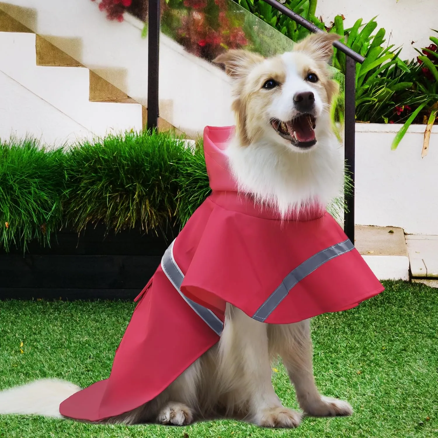 DELIFUR Large Dog Raincoat - Waterproof Dog Rain Poncho Adjustable Double Layer Rain Jacket with Hood for Medium Large Dogs Designed with Leash Hole Reflective Strip (Red,Medium)