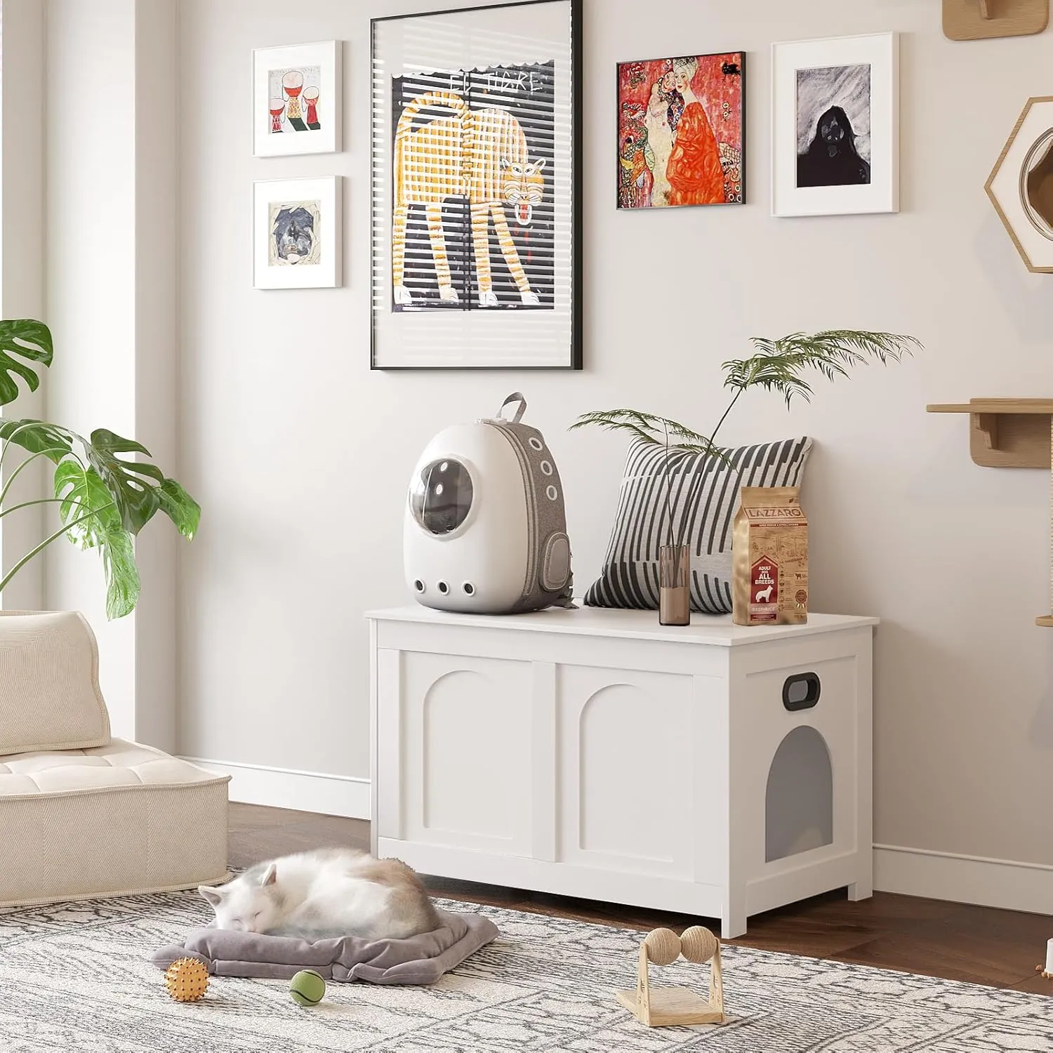 DINZI LVJ Cat Litter Box Enclosure, Flip Top Litter Box Furniture, Farmhouse Hidden Cat Washroom, Wooden Pet House, End Side Table, 31.5" L x 19.7" W x 19.7" H, Sturdy and Easy to Assemble, White