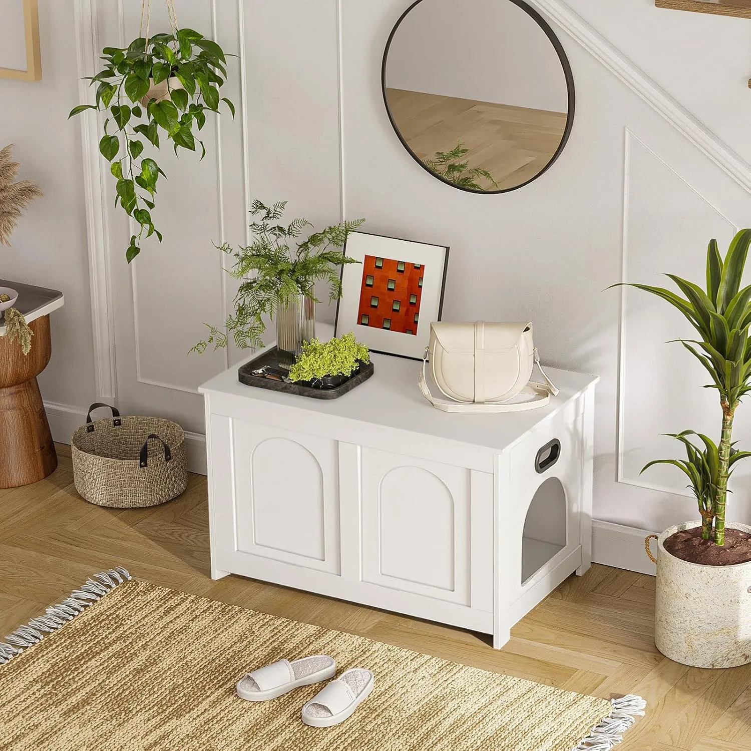 DINZI LVJ Cat Litter Box Enclosure, Flip Top Litter Box Furniture, Farmhouse Hidden Cat Washroom, Wooden Pet House, End Side Table, 31.5" L x 19.7" W x 19.7" H, Sturdy and Easy to Assemble, White