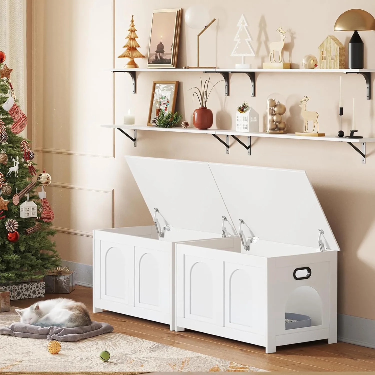 DINZI LVJ Cat Litter Box Enclosure, Flip Top Litter Box Furniture, Farmhouse Hidden Cat Washroom, Wooden Pet House, End Side Table, 31.5" L x 19.7" W x 19.7" H, Sturdy and Easy to Assemble, White