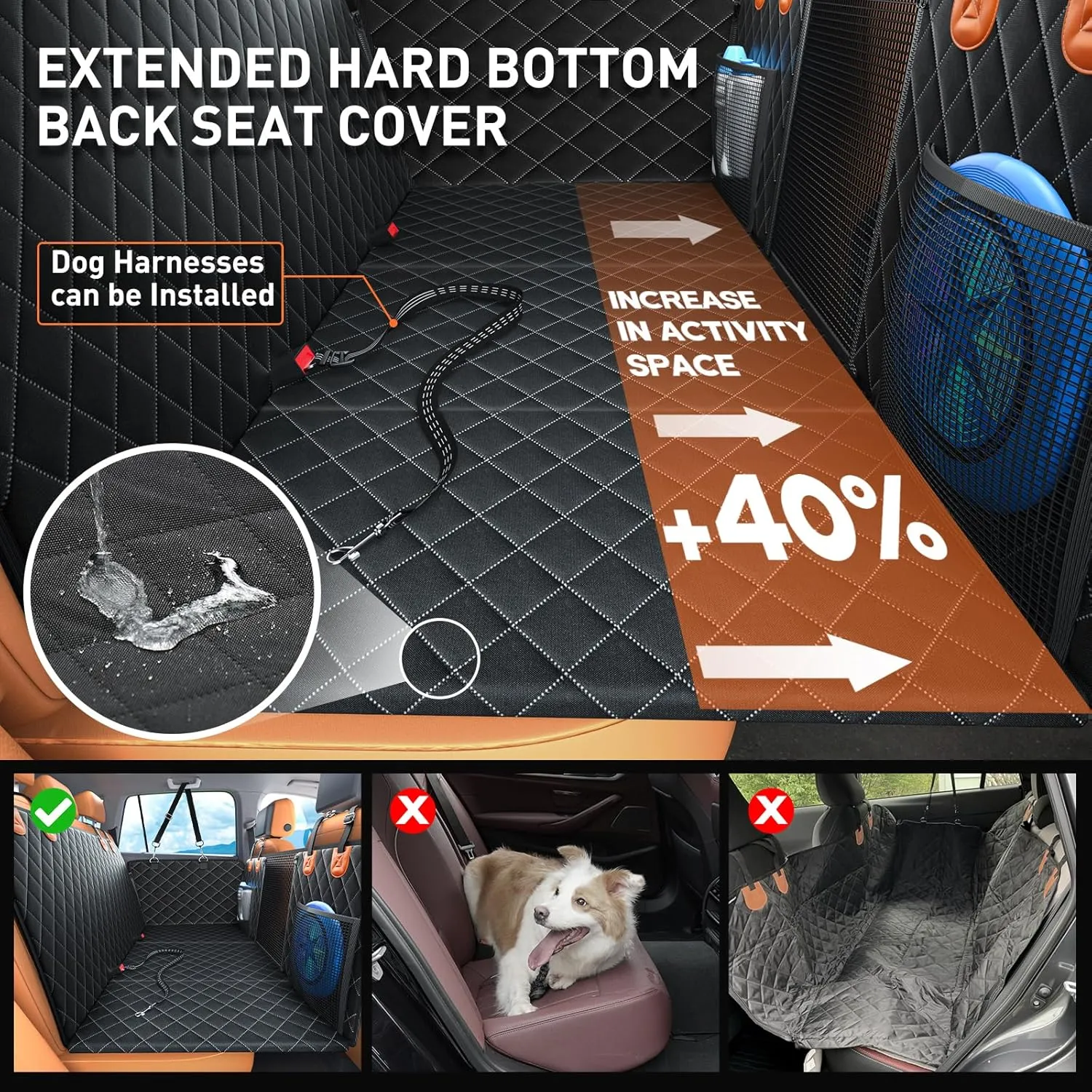 Dog car seat cover for back seat-2025 Upgraded 100% Waterproof and Scratch Resistant Rear Seat Hard Bottom Extension - Dog Car Seat Holds Up to 400 lb Pet for Cars, Trucks and SUVs (Black and Orange)