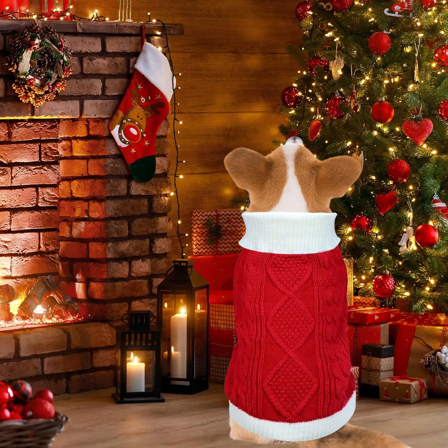 Dog Christmas Sweater Knitted Turtleneck Dog Sweater Warm Christmas Outfit Clothes for Small Medium Large Dogs Pets (Red, Large)