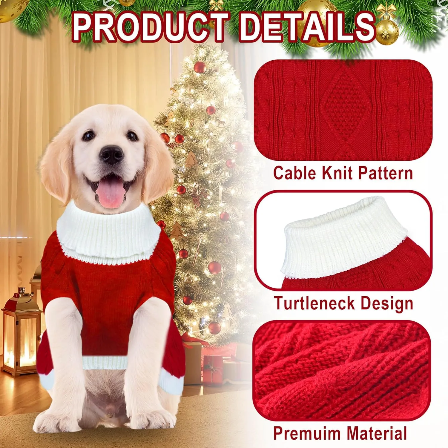 Dog Christmas Sweater Knitted Turtleneck Dog Sweater Warm Christmas Outfit Clothes for Small Medium Large Dogs Pets (Red, Large)