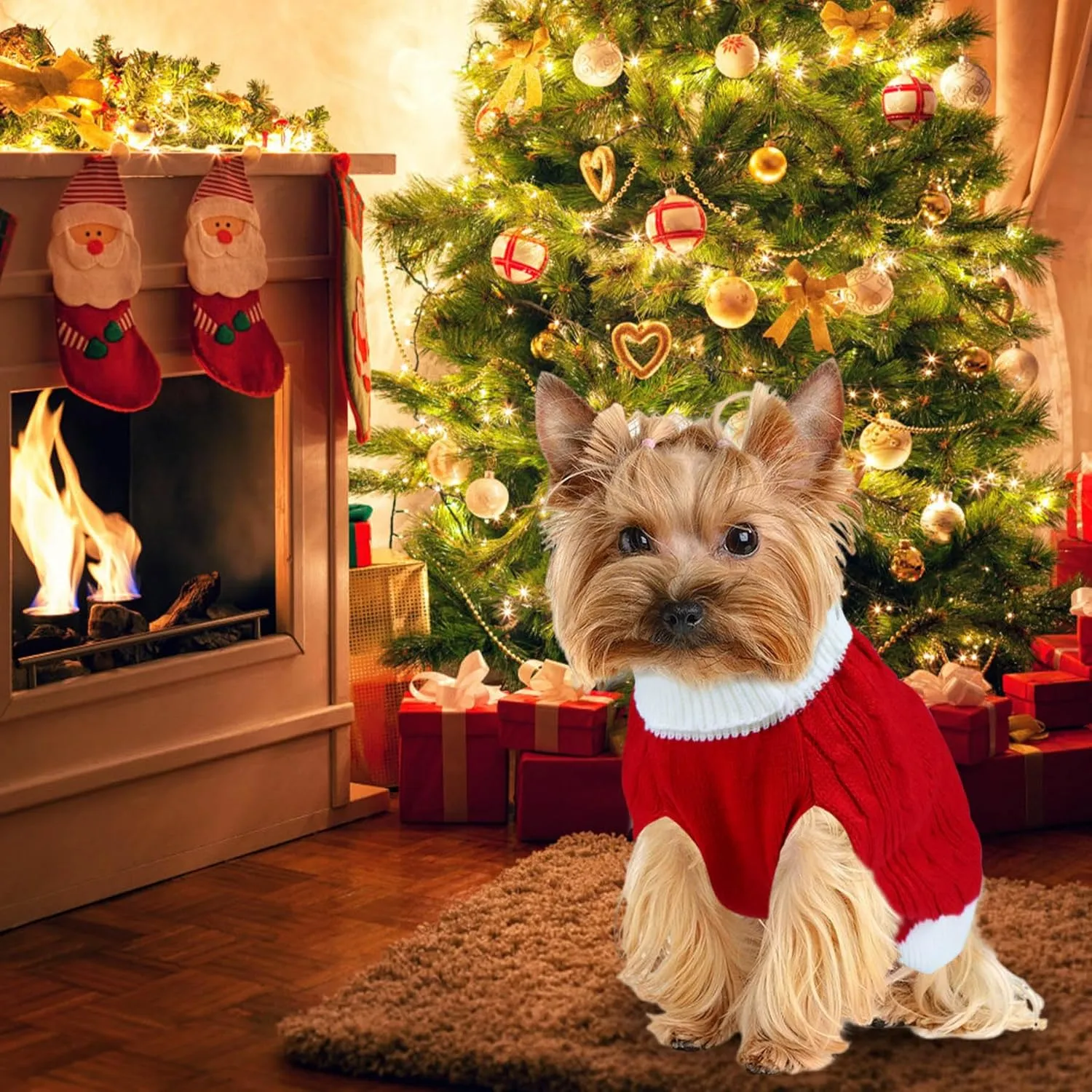 Dog Christmas Sweater Knitted Turtleneck Dog Sweater Warm Christmas Outfit Clothes for Small Medium Large Dogs Pets (Red, Large)