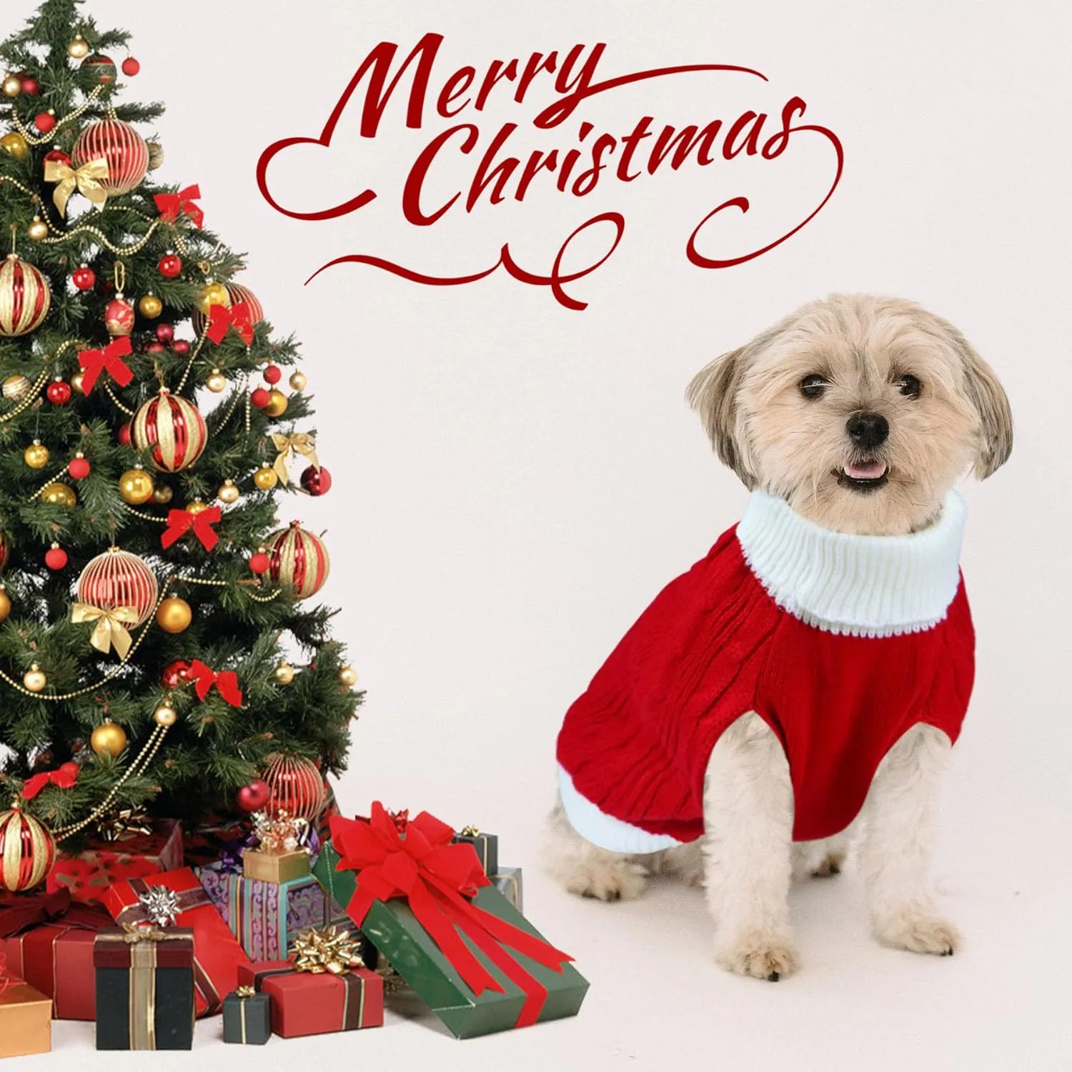 Dog Christmas Sweater Knitted Turtleneck Dog Sweater Warm Christmas Outfit Clothes for Small Medium Large Dogs Pets (Red, Large)