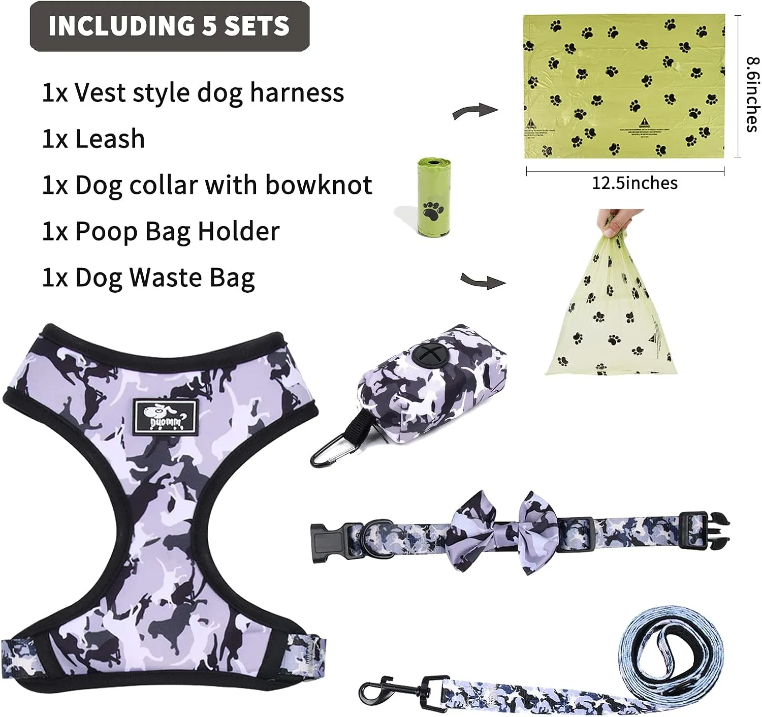 Dog Harness and Leash Set for Small Dogs, Adjustable Reflective No Pull Dog Vest Harness for Puppy with Bow-tie Collar, Leash and Poop Bag (L, Grey Camouflage)