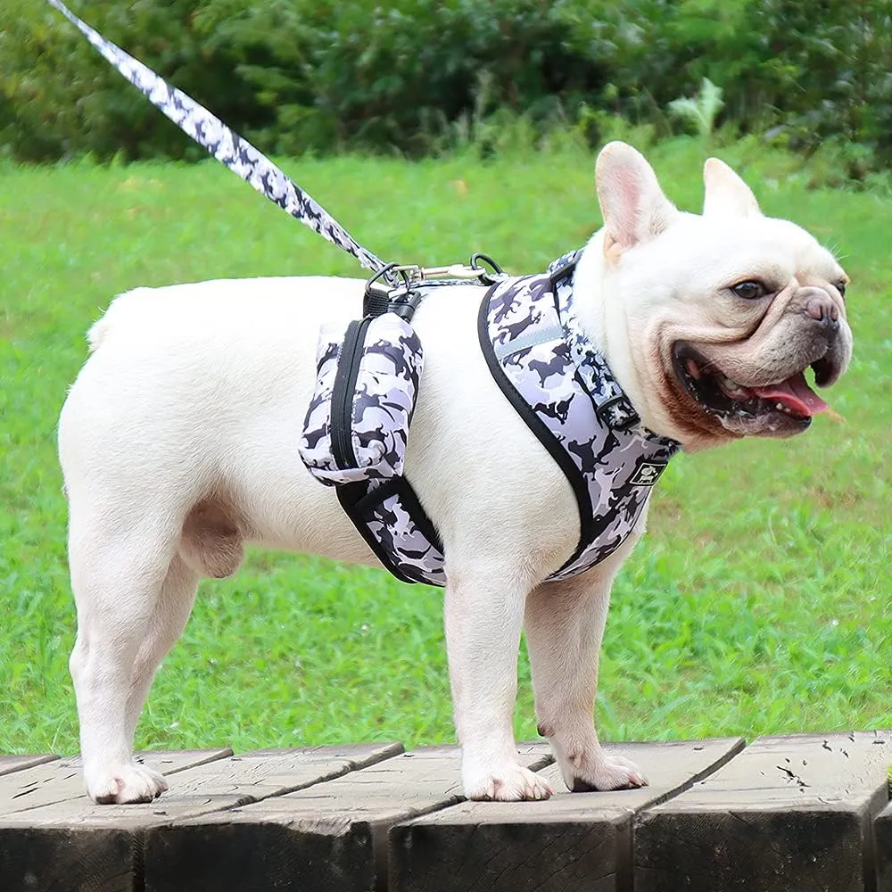 Dog Harness and Leash Set for Small Dogs, Adjustable Reflective No Pull Dog Vest Harness for Puppy with Bow-tie Collar, Leash and Poop Bag (L, Grey Camouflage)