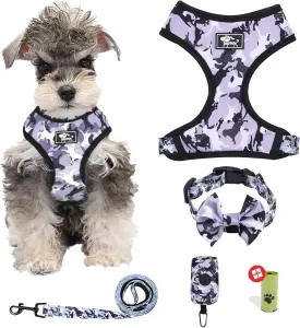 Dog Harness and Leash Set for Small Dogs, Adjustable Reflective No Pull Dog Vest Harness for Puppy with Bow-tie Collar, Leash and Poop Bag (L, Grey Camouflage)