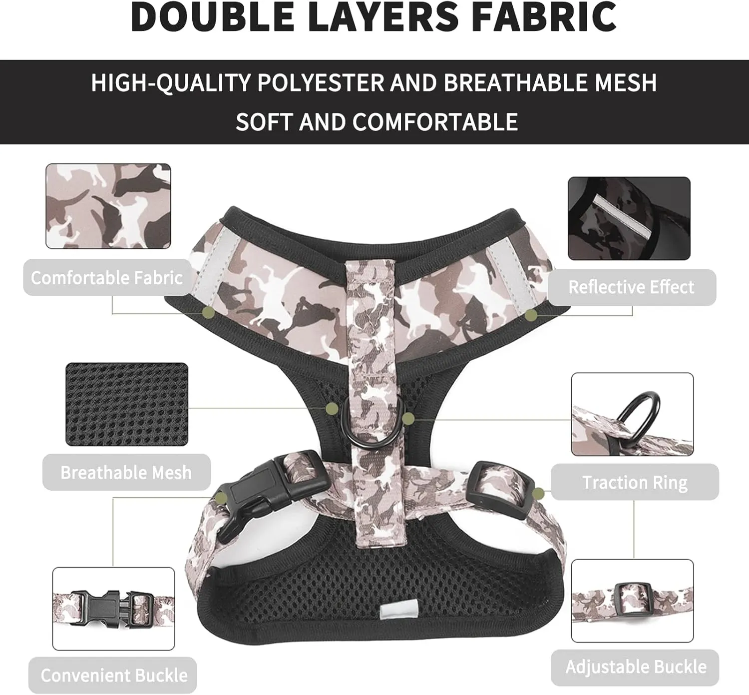 Dog Harness and Leash Set for Small Dogs, Adjustable Reflective No Pull Dog Vest Harness for Puppy with Bow-tie Collar, Leash and Poop Bag (L, Grey Camouflage)