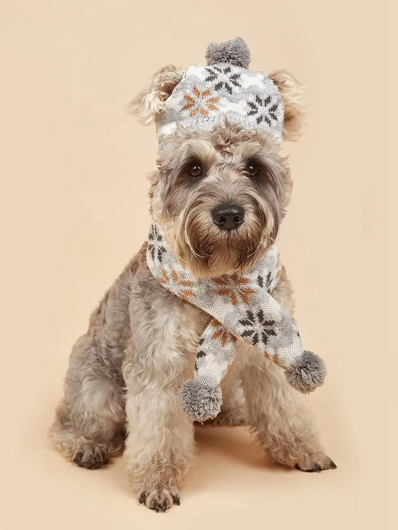 Dog Hat & Scarf Set, Knitted Pet Christmas Winter Warm Caps, Cute Accessories, Neck & Ear Warmer Hood, Warm Scarf, Party Decoration for Cat & Dog, Fit for Small to Large, B-gray Snowflake