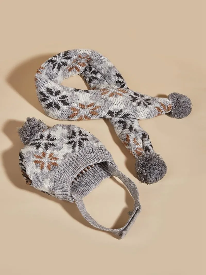 Dog Hat & Scarf Set, Knitted Pet Christmas Winter Warm Caps, Cute Accessories, Neck & Ear Warmer Hood, Warm Scarf, Party Decoration for Cat & Dog, Fit for Small to Large, B-gray Snowflake