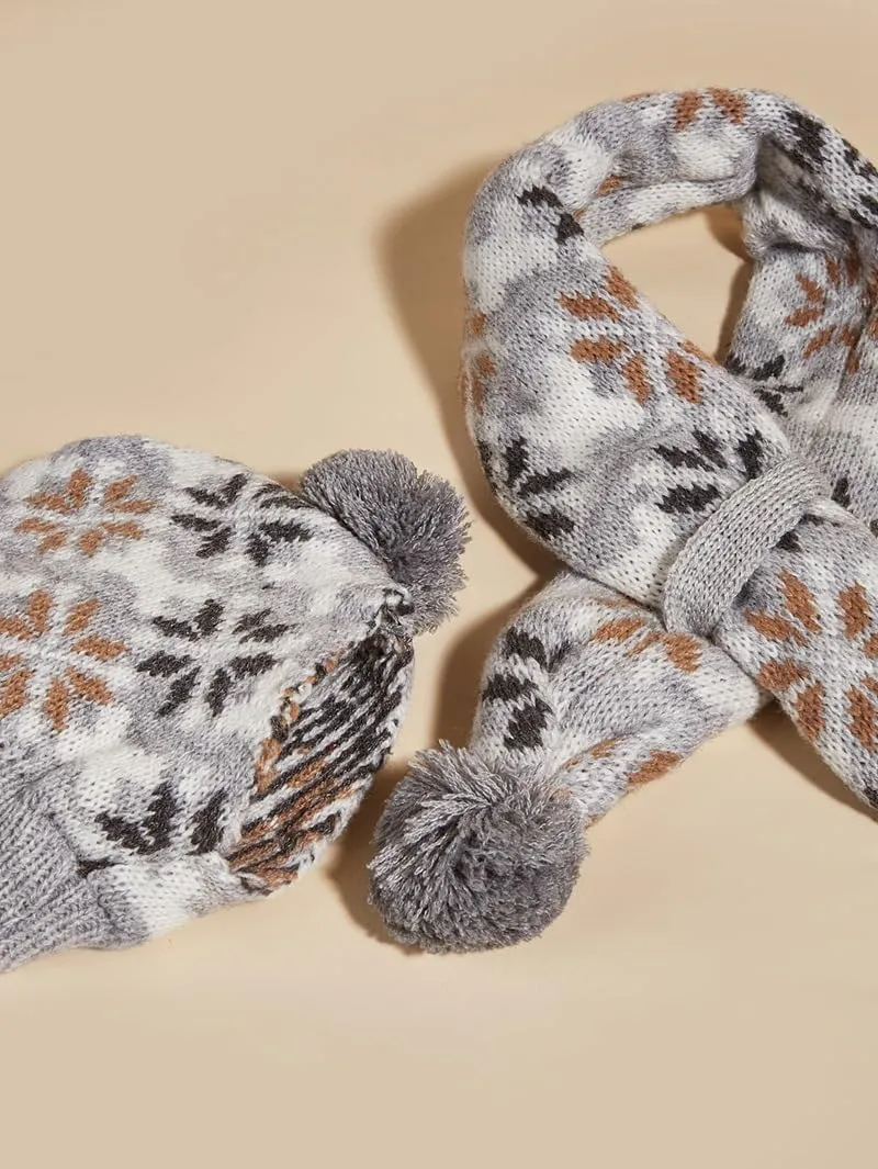 Dog Hat & Scarf Set, Knitted Pet Christmas Winter Warm Caps, Cute Accessories, Neck & Ear Warmer Hood, Warm Scarf, Party Decoration for Cat & Dog, Fit for Small to Large, B-gray Snowflake