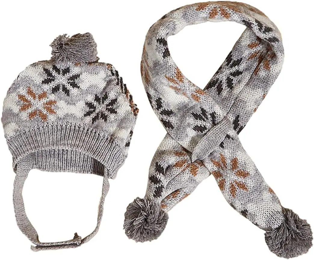 Dog Hat & Scarf Set, Knitted Pet Christmas Winter Warm Caps, Cute Accessories, Neck & Ear Warmer Hood, Warm Scarf, Party Decoration for Cat & Dog, Fit for Small to Large, B-gray Snowflake