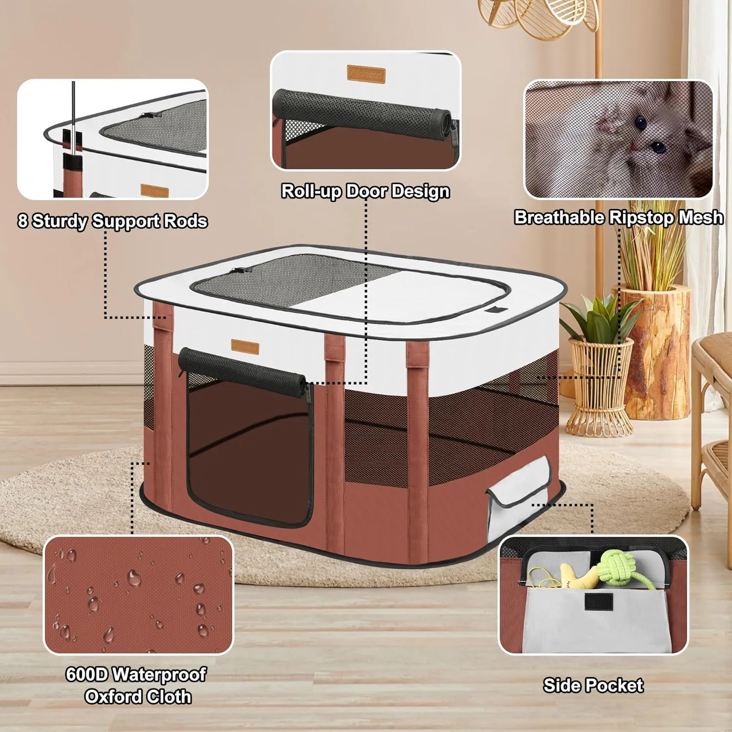 Dog Playpen - Foldable Cat Play Pens for Pubby, Kitten, Rabbit, Portable Pet Tent with Carring Bag for Indoor/Outdoor Travel Camping (Brown-Small)