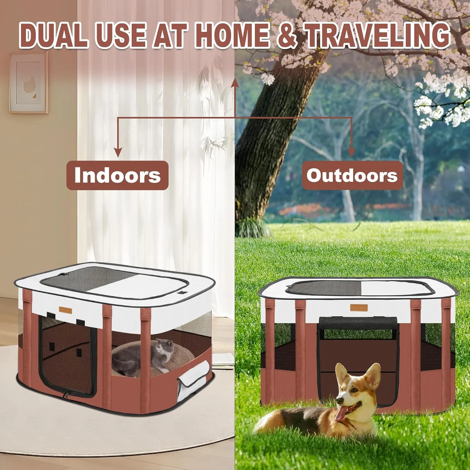 Dog Playpen - Foldable Cat Play Pens for Pubby, Kitten, Rabbit, Portable Pet Tent with Carring Bag for Indoor/Outdoor Travel Camping (Brown-Small)