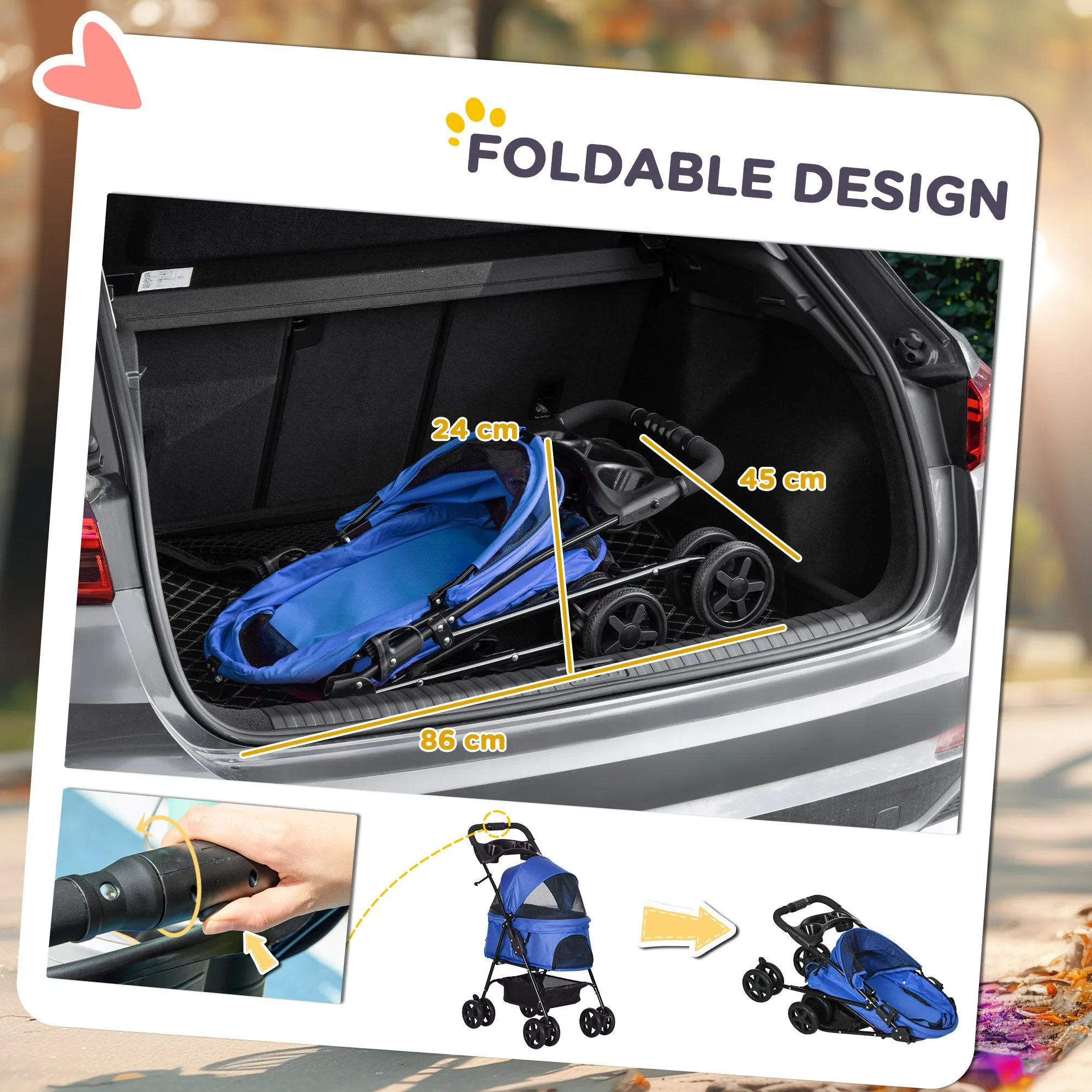 Dog Pram Dog Stroller Foldable Pet Pushchair with 4 Wheels, Safety Leashes, Cup Holder for Small Dogs, Blue