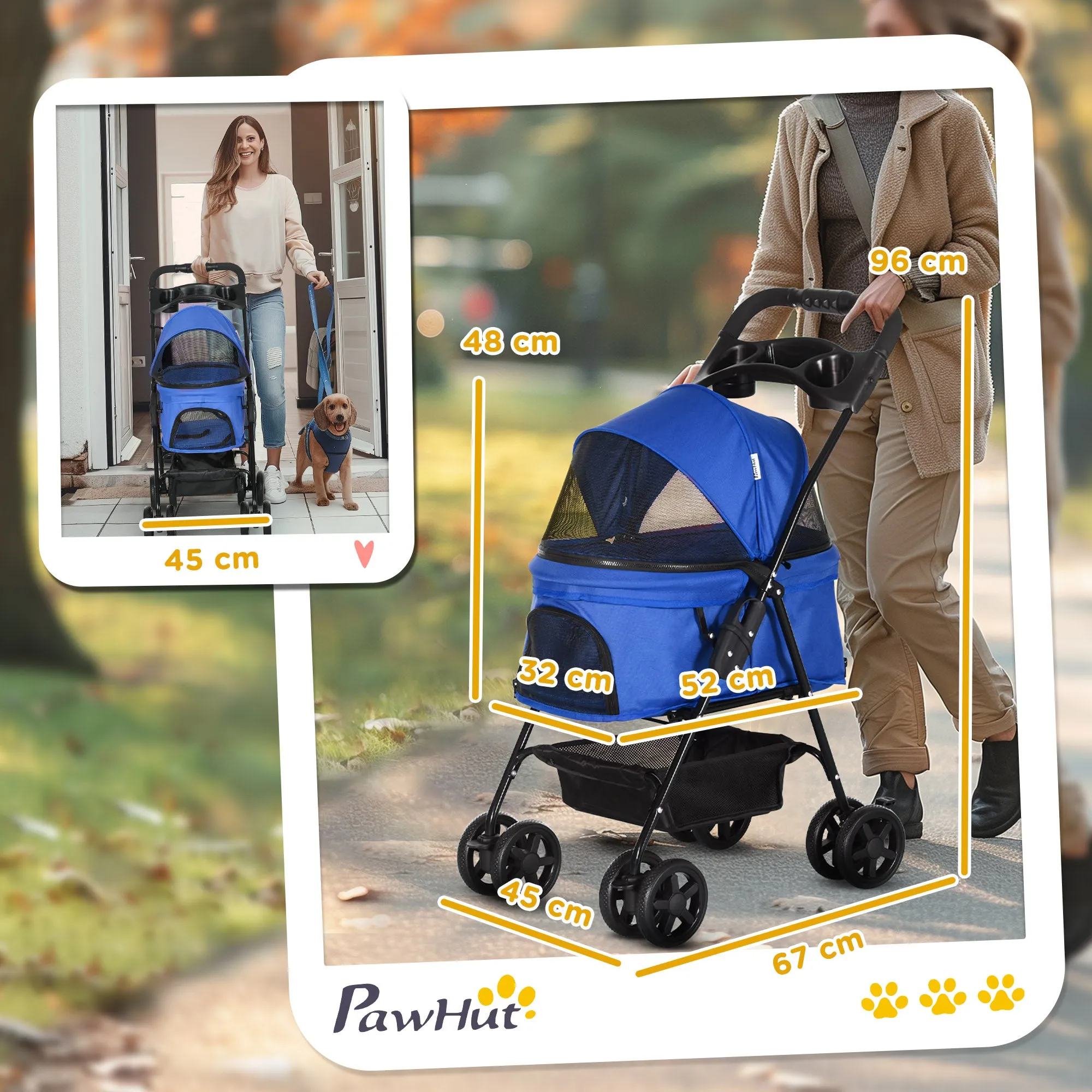 Dog Pram Dog Stroller Foldable Pet Pushchair with 4 Wheels, Safety Leashes, Cup Holder for Small Dogs, Blue