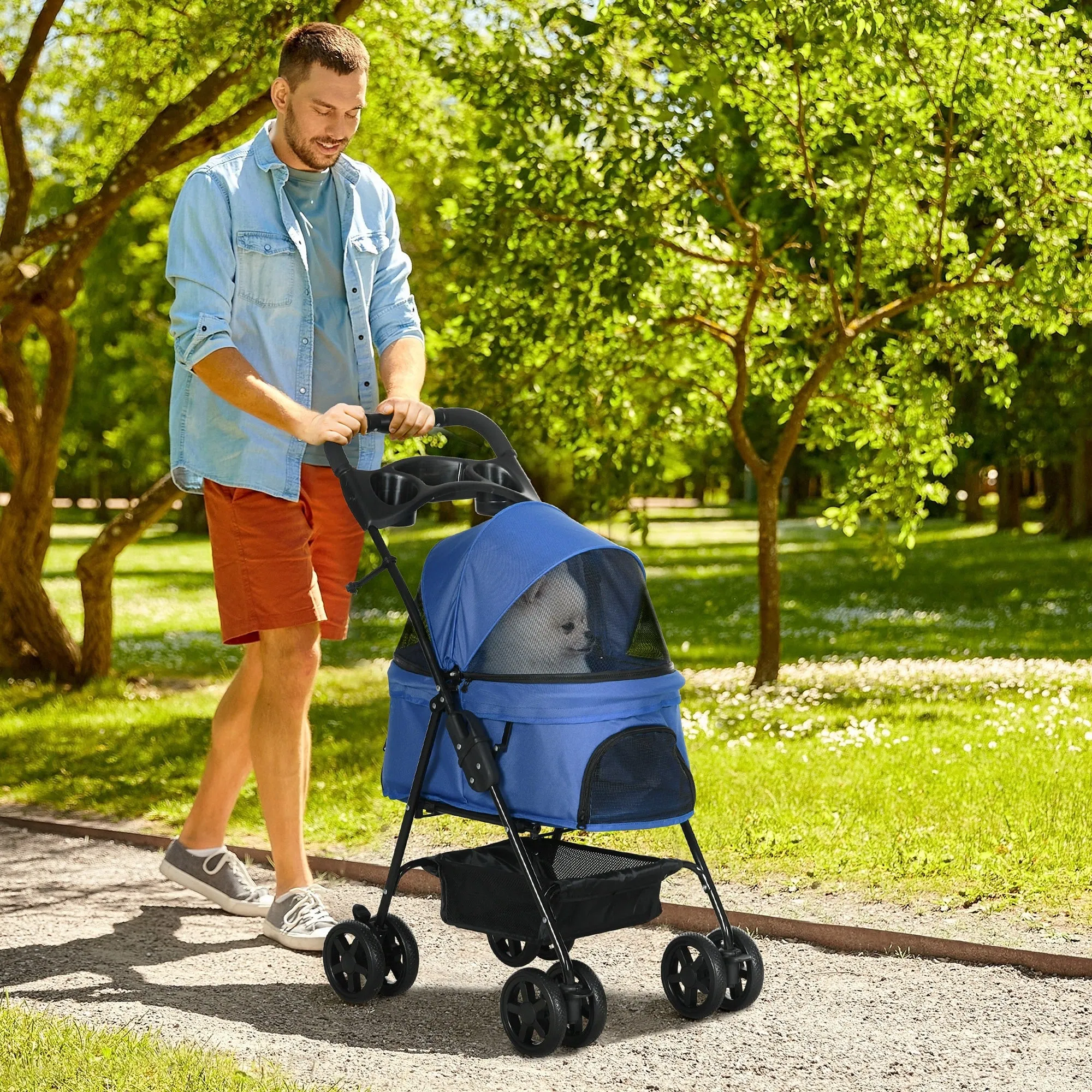 Dog Pram Dog Stroller Foldable Pet Pushchair with 4 Wheels, Safety Leashes, Cup Holder for Small Dogs, Blue